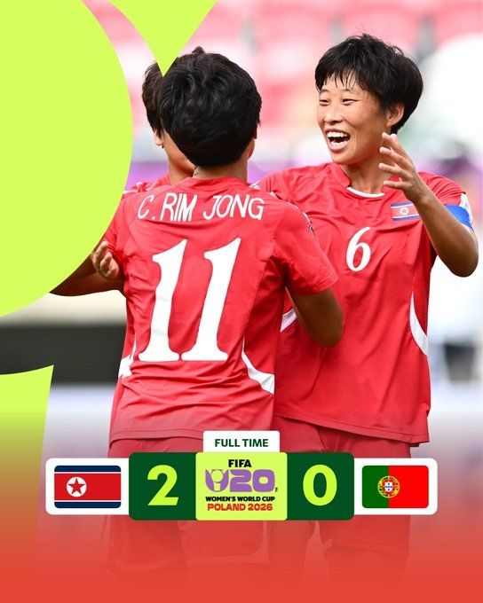[서울=뉴시스] 북한 20세 이하(U-20) 여자 축구대표팀, 2026 국제축구연맹(FIFA) U-20 여자 월드컵 조별리그 E조 1차전에서 포르투갈 2-0 제압. (사진=FIFA SNS 캡처) 2026.09.08. photo@newsis.com