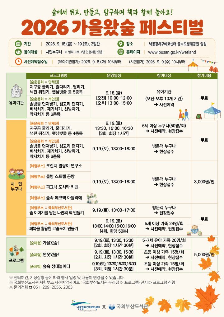 [부산=뉴시스] 부산시 낙동강관리본부가 오는 18~19일 을숙도생태공원 피크닉광장 일원에서 '2026년 가을왔숲 페스티벌'을 개최한다. (사진=부산시 제공) 2026.09.08 photo@newsis.com *재판매 및 DB 금지