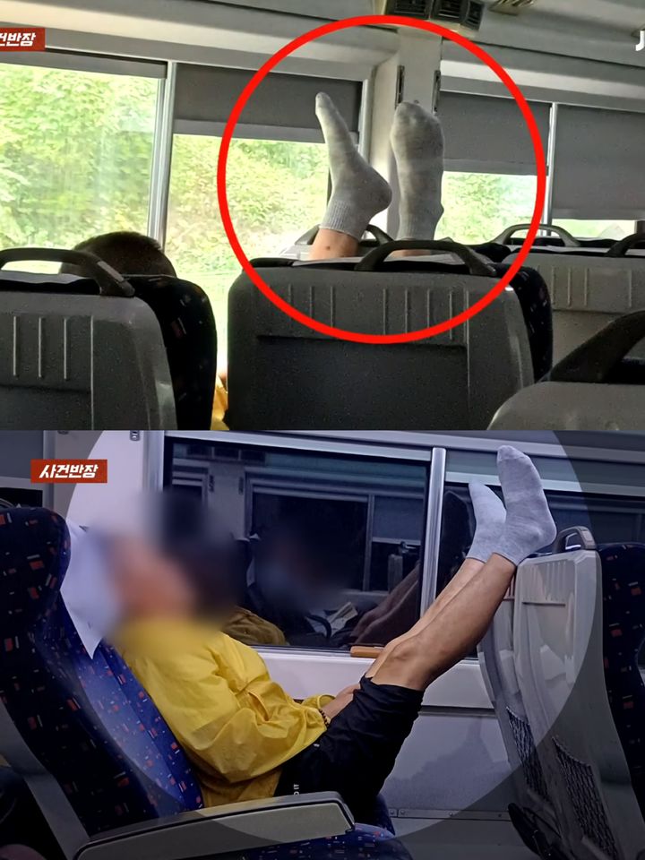 [서울=뉴시스] 동해로 향하는 무궁화호 열차에서 남성 승객이 앞 좌석에 두 발을 올린 채 앉아 있다. (사진=JTBC '사건반장' 캡처) *재판매 및 DB 금지