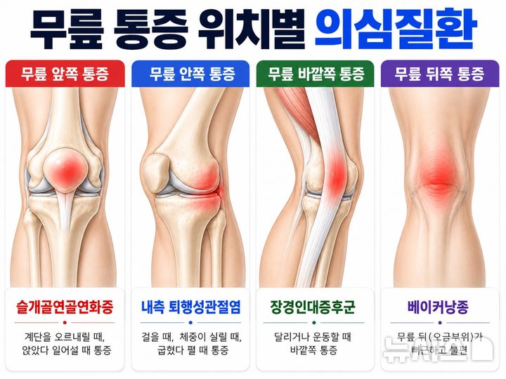 [서울=뉴시스] 무릎 통증 위치별 의심질환. (사진= 연세스타병원 제공)