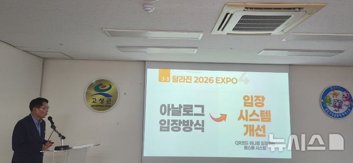 [고성(경남)=뉴시스] 신정철 기자= 고성문화관광재단은 8일 당항포관광지 엑스포 주제관에서 언론브리핑을 열고, 오는 22일 개막하는 '2026 경남고성공룡세계엑스포'의 주요 내용을 공개했다.사진은 고성문화관광재단 허선도 사무국장이 '2026 경남고성공룡세계엑스포'의 주요 내용을 공개하고 있다.2026.09.08. sin@newsis.com