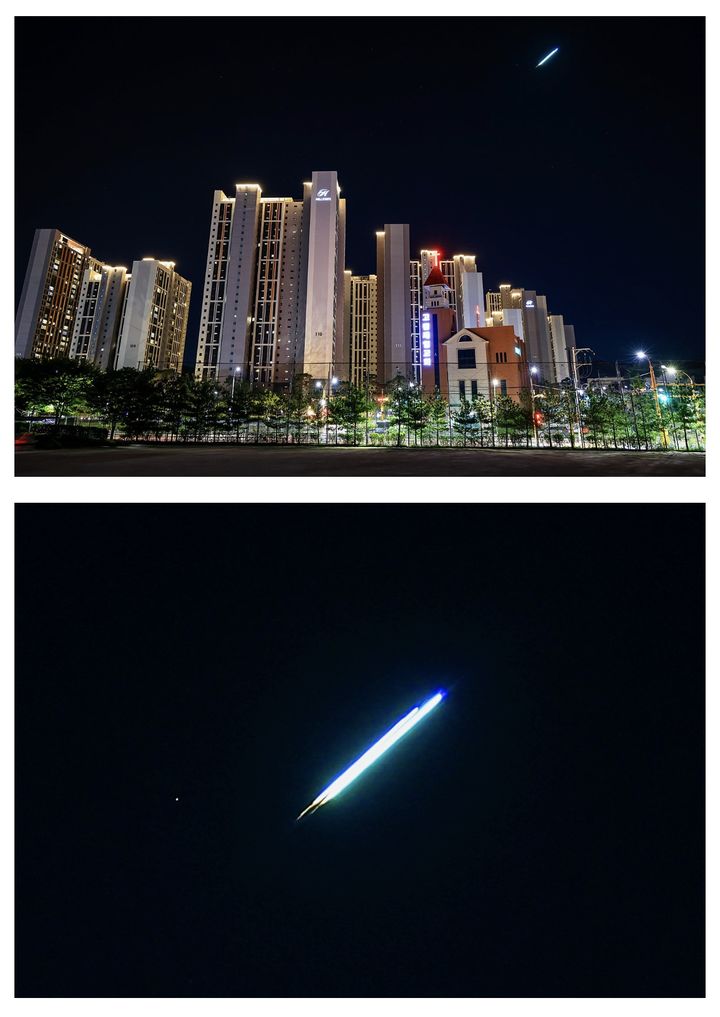 [서울=뉴시스] 지난 7일 밤 경기 용인시 하늘에서 강한 빛을 내며 이동하는 물체가 목격됐다.(사진출처: 네이버 카페 별하늘지기 캡처)