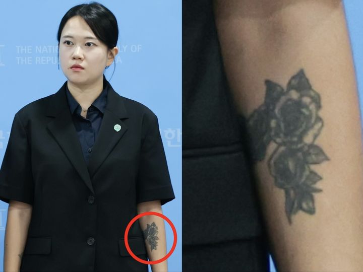 [서울=뉴시스] 기본소득당 김진서 부대변인이 국회 기자회견에 참석한 모습. 왼쪽 팔에 꽃 모양의 문신이 드러나 있다. *재판매 및 DB 금지