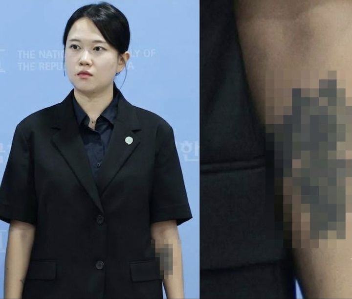 [서울=뉴시스]최진석 기자 = 기본소득당 김진서 부대변인이 국회 기자회견에 참석한 모습. 왼쪽 팔에 꽃 모양의 문신이 드러나 있다.2026.09.07. myjs@newsis.com *재판매 및 DB 금지