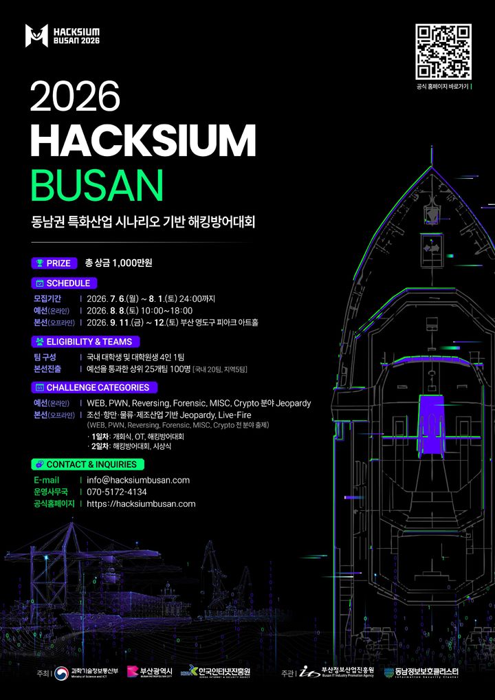 [부산=뉴시스] 부산시가 오는 11~12일 이틀간 영도구 피아크 아트홀에서 동남권 특화산업 시나리오 기반 해킹방어대회 '2026 HACKSIUM 부산'을 개최한다. (사진=부산시 제공) 2026.09.09 photo@newsis.com *재판매 및 DB 금지