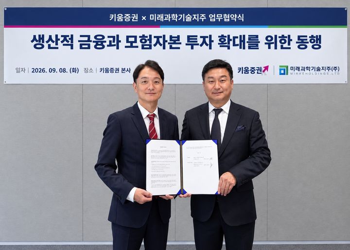 (왼쪽부터) 엄주성 키움증권 대표와 신동현 미래과학기술지주 대표가 8일 오후 서울 여의도 키움증권 본사에서 업무 협약식을 맺고 있다.(사진=키움증권 제공) *재판매 및 DB 금지
