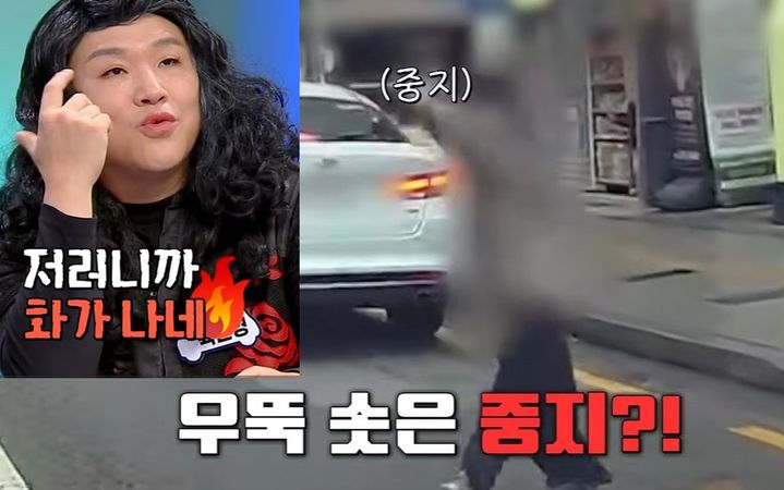 [서울=뉴시스] 무단횡단을 하던 보행자가 차량을 지나친 뒤 운전자를 향해 손가락 욕을 하는 모습이 담긴 블랙박스 영상이 공개됐다. (사진=JTBC '한문철의 블랙박스 리뷰' 캡처) *재판매 및 DB 금지