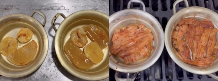 [서울=뉴시스] 식당 측이 공개한 갈치조림 1인분과 4인분의 모습. 1인분에는 감자 2조각, 무 1조각, 갈치 7조각이 담겼다. 4인분에는감자 2조각, 무 2조각, 갈치 22조각이 담겼다. (사진출처: 스레드) 2026.09.09.