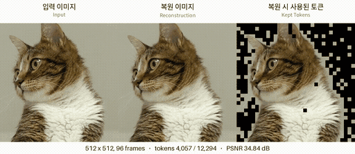 [서울=뉴시스] 카카오가 인공지능(AI) 영상 생성에 필요한 연산량을 줄이면서 학습과 생성 속도를 높이는 기술을 공개한다. 왼쪽부터 원본 입력 이미지와 KATok 모델이 복원한 결과, 복원 과정에 사용된 토큰을 보여준다. 검게 표시된 토큰을 생략했음에도 품질 손실 없이 연산 효율을 높였다. (사진=카카오 제공) *재판매 및 DB 금지