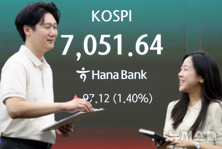 [서울=뉴시스] 조성우 기자 = 코스피가 전 거래일보다 97.12포인트(1.4%) 오른 7051.64에 마감한 9일 서울 중구 하나은행 딜링룸 전광판에 지수가 표시되고 있다. 코스닥 지수는 18.49포인트(2.28%) 오른 830.37에 장을 마쳤다. 2026.09.09. xconfind@newsis.com