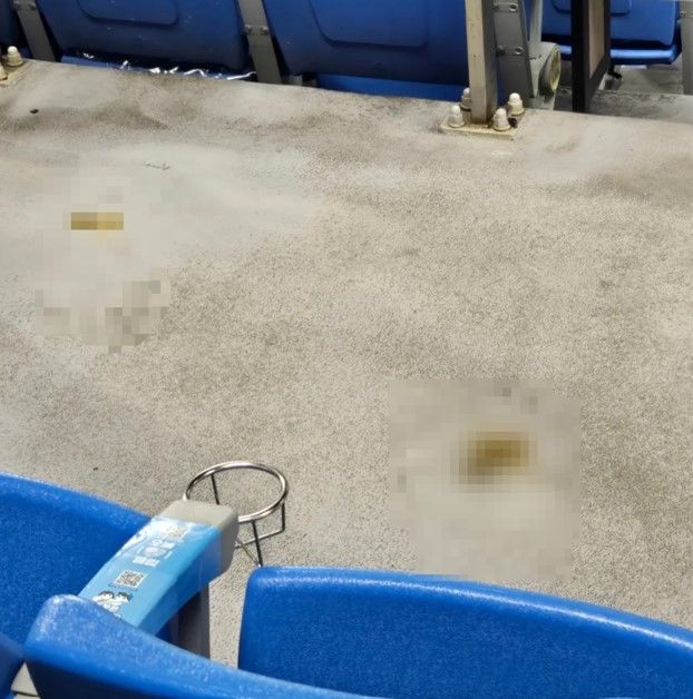 [서울=뉴시스]잠실야구장 관람석 인근 통로에서 정체를 알 수 없는 대변이 발견됐다. (사진=스레드 'sh_dere' 캡처) 2026.09.10