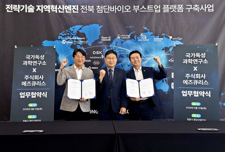 [정읍=뉴시스] 10일 정읍첨단산업단지에서 열린 국가독성과학연구소와 ㈜에즈큐리스의 '전략기술 지역혁신엔진 전북 첨단바이오 부스트업 플랫폼 구축사업 업무협약', 왼쪽부터 국가독성과학연구소 전북첨단바이오연구본부 김성환 본부장, 전북연구개발특구 유진혁 본부장, 에즈큐리스 전영호 대표 등이 협약 후 기념사진을 찍고 있다. *재판매 및 DB 금지