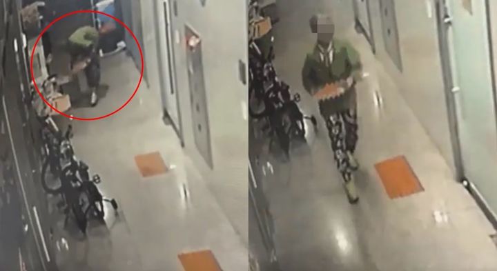 [서울=뉴시스] CCTV에서 계란을 한 판씩 가져가는 노인의 모습이 포착됐다. (사진 출처=엑스 캡처)