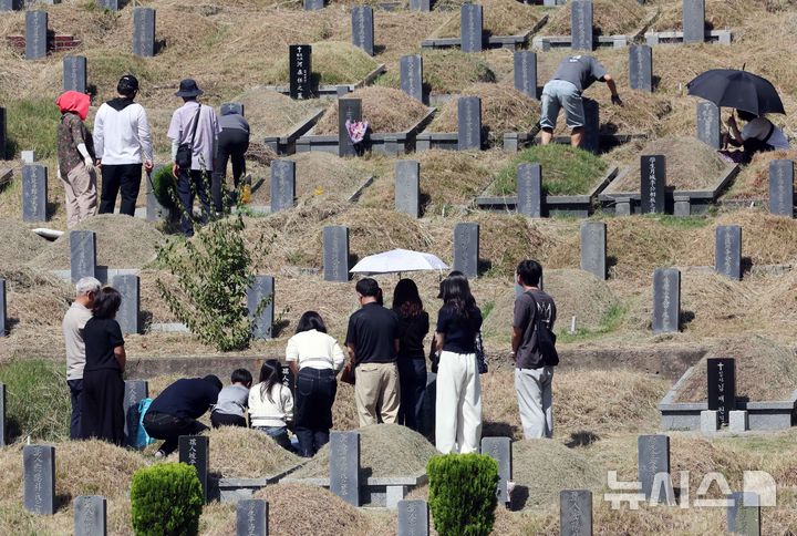  [부산=뉴시스] 하경민 기자 = 추석 연휴를 열흘 정도 앞둔 13일 부산 금정구 영락공원에서 여러 가족이 벌초와 성묘를 하고 있다. 2026.09.13. yulnetphoto@newsis.com