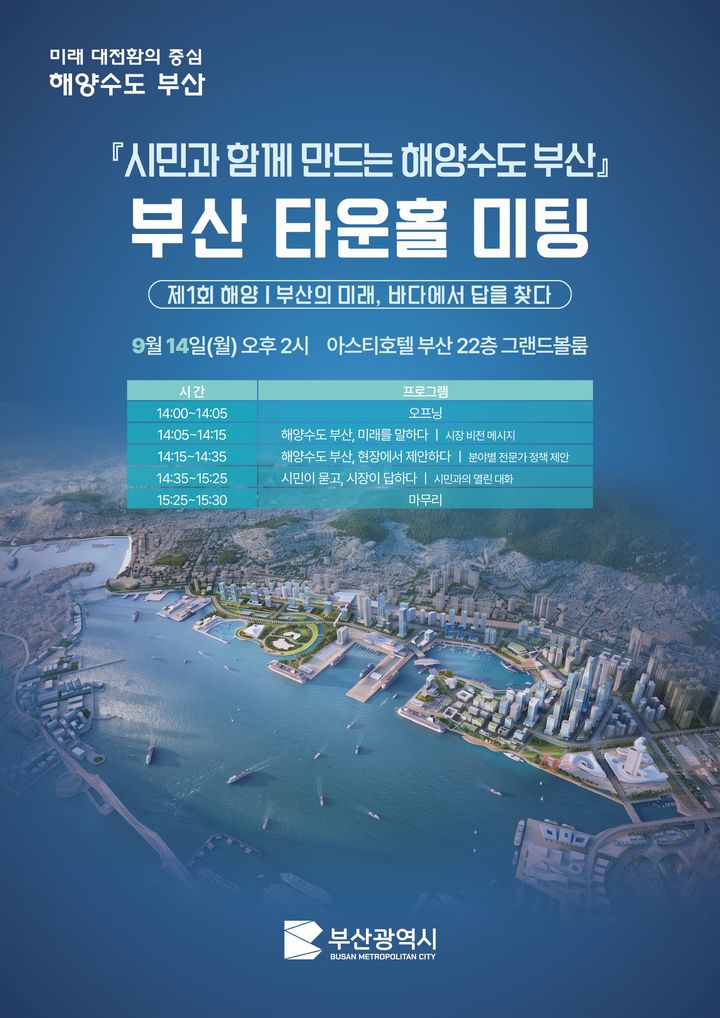 [부산=뉴시스] 부산시는 14일 오후 부산 동구 아스티호텔 부산 그랜드볼룸에서 '시민과 함께 만드는 해양수도 부산'을 슬로건으로 제1회 타운홀 미팅을 개최한다. (사진=부산시 제공) 2026.09.14. photo@newsis.com *재판매 및 DB 금지