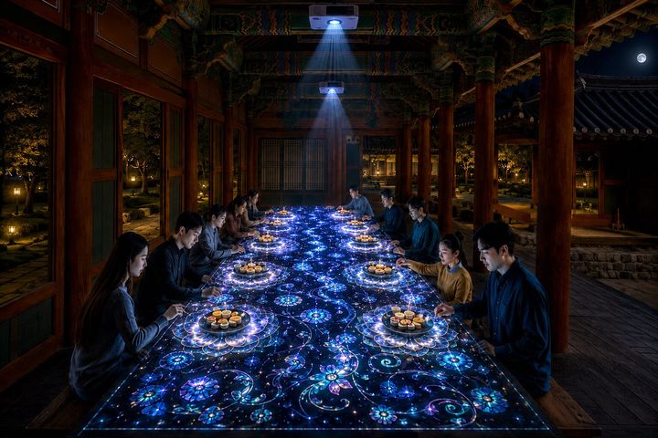 [통영=뉴시스] 신정철 기자= 경남 통영시의 통제영이 품은 장인의 정신을 최첨단 영상·음향·조명 연출로 풀어내 시민과 관광객에게 새로운 야간 체류형 경험을 선사하는 ‘2026 국가유산 미디어아트 통영 삼도수군통제영’이 오는 18일 오후 7시 통제영거리 역사홍보관 앞에서 개막된다.사진은 행사기간에 선보일 ‘백화당 다과 체험’ 미디어 아트 모습.(사진=통영시 제공).2026.09.14. photo@newsis.com *재판매 및 DB 금지