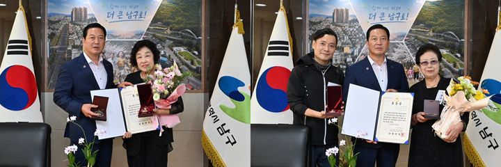 [대구=뉴시스] 대구 남구는 6·25 전쟁에 참전해 공을 세운 고(故) 장질쇠 일병의 유가족(왼쪽)과 고(故) 이학길 이병의 유가족(오른쪽)에게 화랑무공훈장과 증서를 전수했다. (사진=대구 남구 제공) 2026.09.14. photo@newsis.com *재판매 및 DB 금지