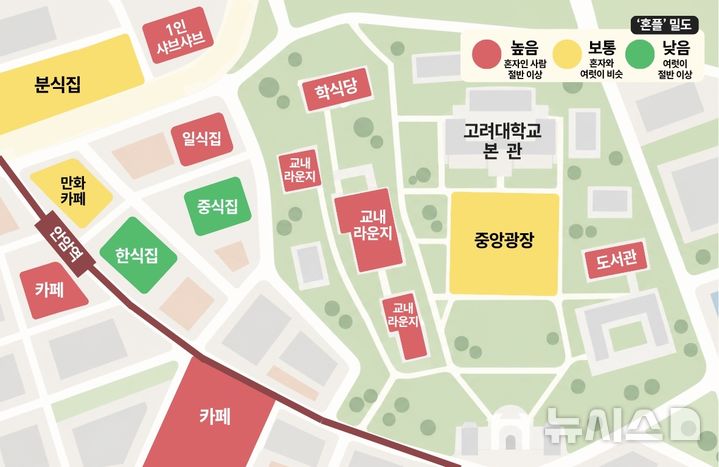 [서울=뉴시스] 김하은·진민아 인턴기자 = '혼플' 학생들의 비율을 나타내 만든 '혼플 밀도 지도'