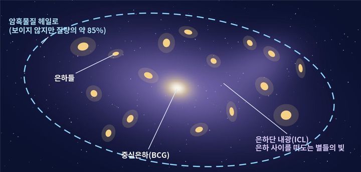 인공지능(AI)으로 생성한 수천개의 은하가 모인 '은하단' 상상도. 우주에서 중력으로 결합된 가장 큰 천체 구조인 은하단 질량의 약 85%가 암흑물질이다. 보이지 않는 암흑물질(하늘색 점선)이 중력으로 전체를 붙잡고 있고, 은하 사이에는 떠도는 아주 희미한 별빛인 은하단내광(보라색)이 퍼져 있다. (사진=한국천문연구원 제공) *재판매 및 DB 금지