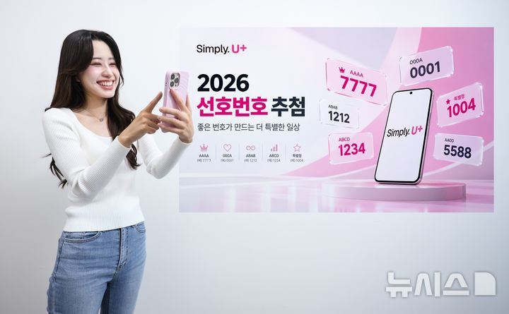 [서울=뉴시스] 윤현성 기자 = LG유플러스는 기억하기 쉽거나 고객에게 특별한 의미를 지닌 휴대전화 선호번호 1만개를 공개 추첨 방식으로 배정한다고 15일 밝혔다. 사진은 모델이 선호번호 추첨 대상 번호를 소개하는 모습. (사진=LG유플러스 제공) 2026.09.15. hsyhs@newsis.com