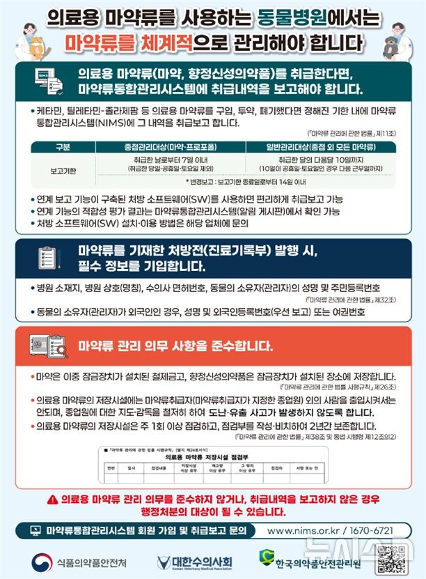 [서울=뉴시스] 식약처와 한국의약품안전관리원은 대한수의사회와 협력해 동물병원의 의료용 마약류 안전 사용과 취급관리를 강화하기 위한 교육과 홍보를 집중 추진한다고 15일 밝혔다. (사진=식약처 제공) 2026.09.15. photo@newsis.com