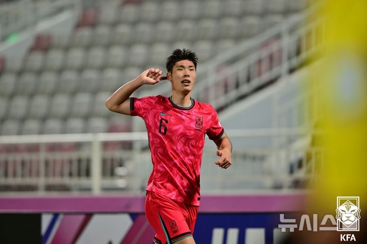 [서울=뉴시스] 한국 23세 이하(U-23) 아시안게임 남자 축구대표팀의 이영준. 사진은 2024 아시아축구연맹(AFC) U-23 아시안컵 당시. (사진=대한축구협회 제공)