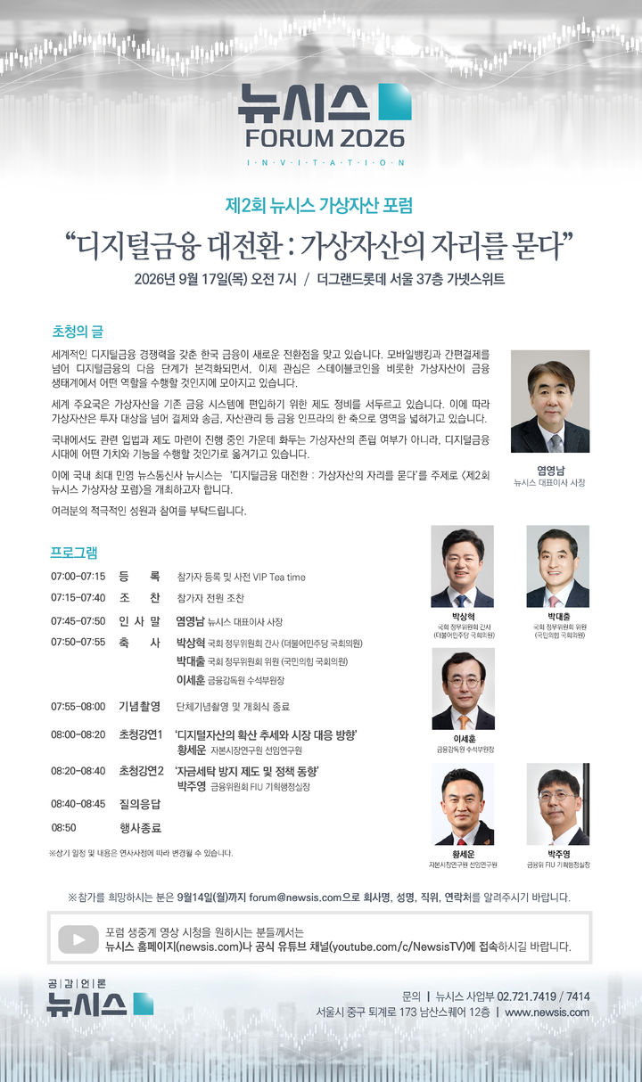 뉴시스 17일 '제2회 가상자산 포럼'…디지털금융 대전환, 가상자산의 자리를 묻다