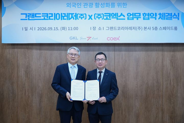 15일 협약식에서 포즈를 취한 윤두현 GKL 사장(왼쪽)과 조상현 코엑스 사장. (사진=GKL) *재판매 및 DB 금지