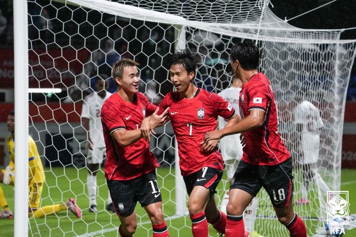 [서울=뉴시스] 한국 23세 이하(U-23) 남자 아시안게임 축구대표팀의 엄지성. (사진=대한축구협회 제공) 