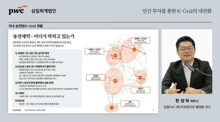 삼일PwC가 지난 15일 '민간 투자를 통한 송전망(K-Grid)의 대전환'을 주제로 웨비나를 개최했다. 한정탁 삼일PwC 에너지 트랜지션 플랫폼 리더가 '국내 송전망(K-Grid) 현황'에 대해 발언하고 있다. (사진=삼일PwC 제공) photo@newsis.com *재판매 및 DB 금지