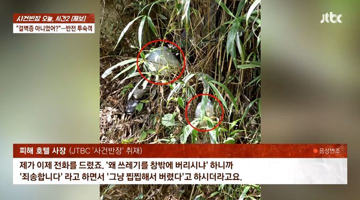 [서울=뉴시스] 호텔 객실 곳곳에 비닐을 깔고 쓰레기를 창밖으로 던지는가 하면, 침대까지 오염시킨 투숙객 때문에 피해를 입은 업주의 사연이 전해졌다. (사진=JTBC 사건반장 캡처)