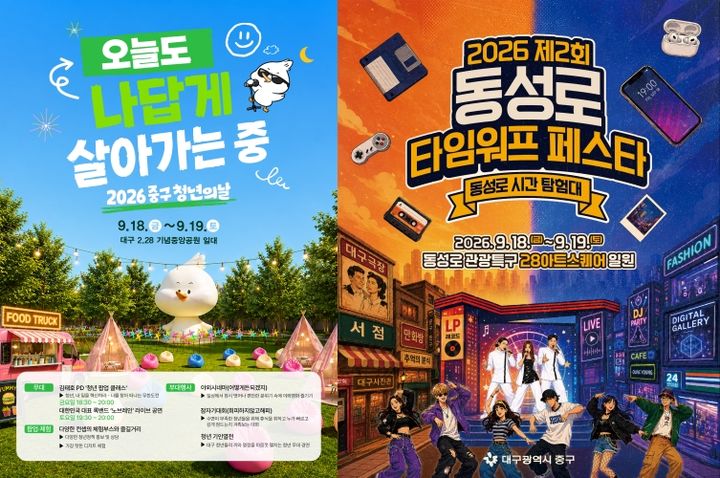 [대구=뉴시스] 대구 중구는 오는 18~19일 2·28기념중앙공원 일원에서 '2026년 중구 청년의 날 행사'를, 동성로 일원에서는 '2026 제2회 동성로 타임워프 페스타'를 개최한다. (사진=대구 중구 제공) 2026.09.16. photo@newsis.com *재판매 및 DB 금지