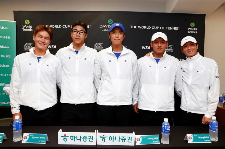 [서울=뉴시스] 한국 남자테니스 대표팀의 권순우, 정현, 남지성, 박의성, 홍성찬. (사진=대한테니스협회 제공) 2026.09.16. photo@newsis.com *재판매 및 DB 금지