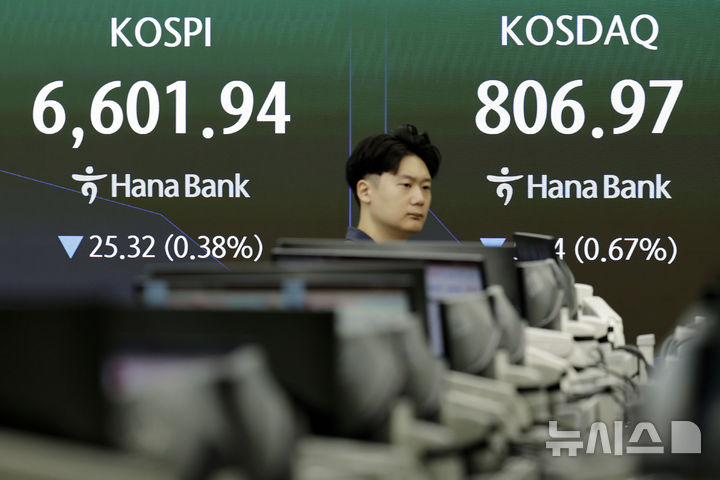[서울=뉴시스] 최동준 기자 = 코스피가 전 거래일보다 16.02포인트(0.24%) 하락한 6611.24로 장을 시작한 16일 서울 중구 하나은행 딜링룸에서 딜러들이 업무를 보고 있다. 코스닥은 전 거래일보다 4.04포인트(0.50%) 하락한 808.37로 장을 시작했다. 2026.09.16. photocdj@newsis.com