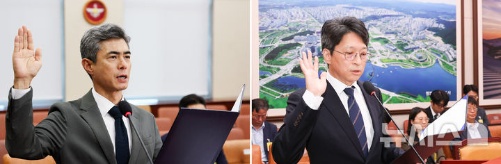 [서울=뉴시스] 고범준·김근수 기자 = 강신철(왼쪽) 국방부 장관 후보자와 홍지선 국토교통부 장관 후보자가 16일 오전 서울 여의도 국회에서 열린 제439회국회(정기회) 국방위원회와 국토교통위원회 국무위원후보자 인사청문회에서 각각 증인 선서를 하고 있다. 2026.09.16. photo@newsis.com