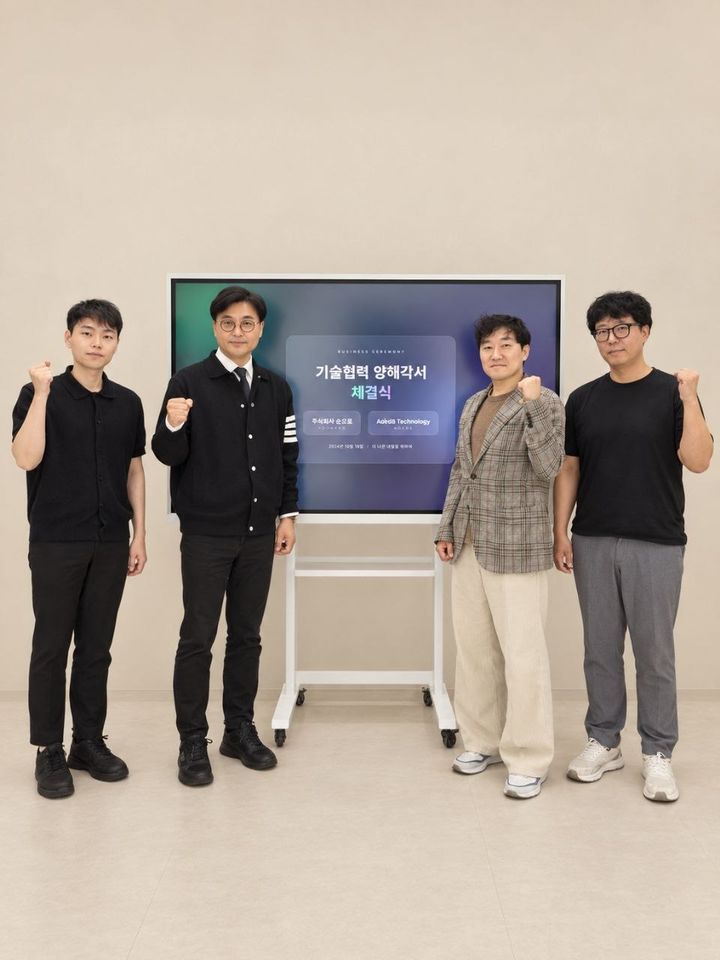 (왼쪽부터) 김윤기 개발자, 차현일 손오공 대표이사, 김정수 AGEDB 대표이사, 앤드류 고 AGEDB COO. (사진=손오공) *재판매 및 DB 금지