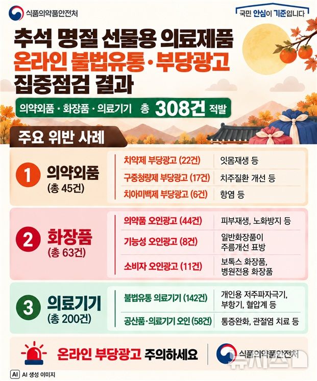 [서울=뉴시스] 식품의약품안전처가 의약외품·화장품·의료기기 등 온라인 불법유통 및 부당광고 308건을 적발했다. (사진=식약처 제공) 2026.09.17. photo@newsis.com