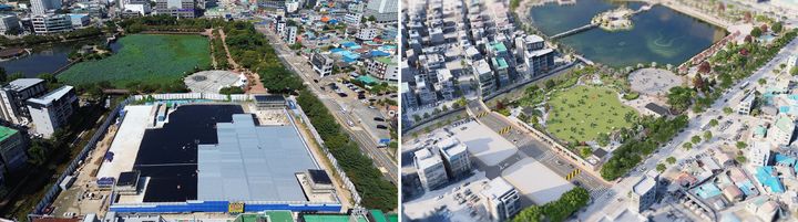 [서산=뉴시스] 서산 예천지구 공영주차장 조성사업 현재(왼쪽)과 완공 후 모습(조감도). (사진=서산시 제공) 2026.09.17. photo@newsis.com *재판매 및 DB 금지