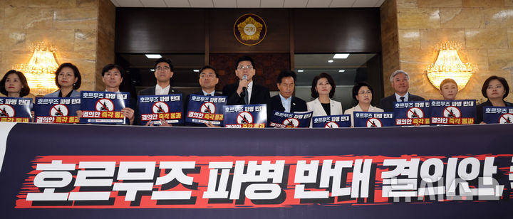 [서울=뉴시스] 최진석 기자 = 김준형 조국혁신당 원내대표가 17일 여의도 국회 본회의장 앞에서 열린 호르무즈 파병 반대 개혁진보 4당(조국혁신당, 진보당, 기본소득당, 사회민주당)이 피켓팅에서 발언하고 있다. 2026.09.17. myjs@newsis.com