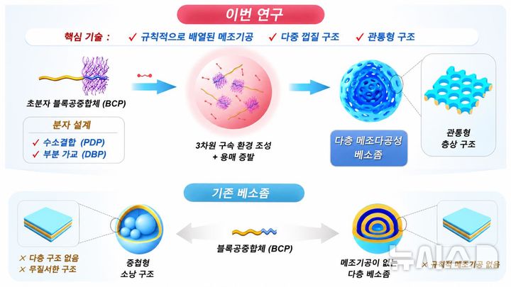 [전남광주=뉴시스] '다층 메조다공성 베소좀의 형성 과정과 기존 베소좀과의 구조 비교'. 고분자의 배열과 구조를 조절하고 3차원 구속 자기조립을 이용해, 여러 겹의 막마다 규칙적인 기공을 갖는 다층 메조다공성 베소좀을 형성하는 과정을 나타냈다. 아래는 기존 베소좀과 이번 연구에서 구현한 구조의 차이를 보여준다. (그래픽=GIST 제공) photo@newsis.com *재판매 및 DB 금지