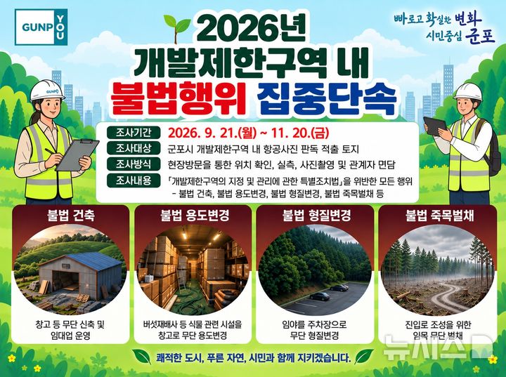 [군포=뉴시스] 경기 군포시 개발제한구역 내 불법행위 집중단속 안내문. (안내문=군포시 제공) 2026.09.17. photo@newsis.com