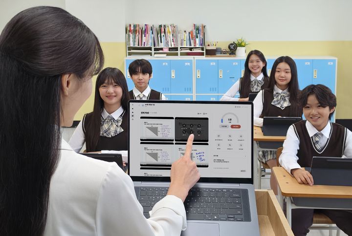 교사가 '갤럭시 클래스룸'의 교실 수업용 솔루션 '삼성 녹스 클래스룸'을 활용해 학생용 태블릿 화면을 확인하고 있다. (사진=삼성전자 제공) *재판매 및 DB 금지