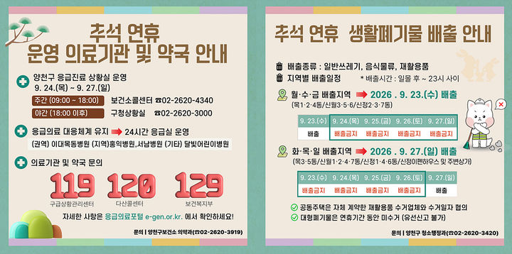 [서울=뉴시스] 양천구의 2026년 추석 연휴 운영 의료기관·약국 및 생활폐기물 배출 안내문. (사진=양천구 제공) 2026.09.18. photo@newsis.com *재판매 및 DB 금지