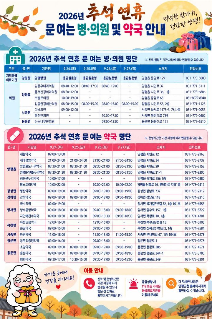 추석 연휴 의료기관 및 병원 운영 안내. (사진=양평군 제공) photo@newsis.com *재판매 및 DB 금지