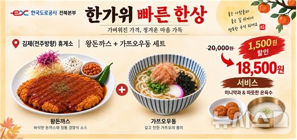[전주=뉴시스] 한국도로공사 전북본부는 추석 연휴를 맞아 23일부터 27일까지 익산미륵사지휴게소 등 전북지역 고속도로 휴게소 22곳에서 추석 한정 메뉴 '한가위 빠른 한상'을 운영한다고 18일 밝혔다. (사진=도공 전북본부 제공) 2026.09.18. photo@newsis.com 
