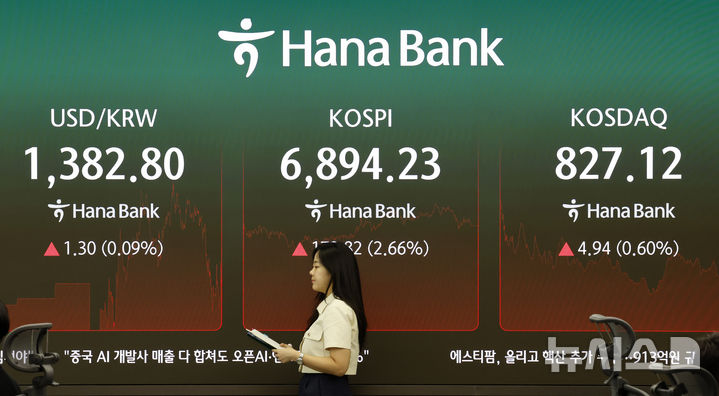 [서울=뉴시스] 김혜진 기자 = 지난 18일 서울 중구 하나은행 딜링룸 전광판에 주요 지수가 표시 되고 있다. 2026.09.18. jini@newsis.com