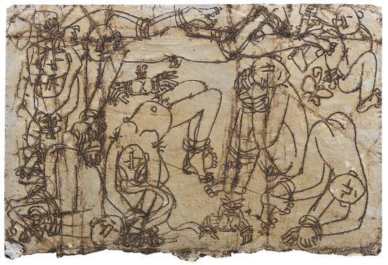 이중섭, 묶인 사람들, 1950년대, 은지에 새김, 유화 물감, 10×15cm, 국립현대미술관 *재판매 및 DB 금지