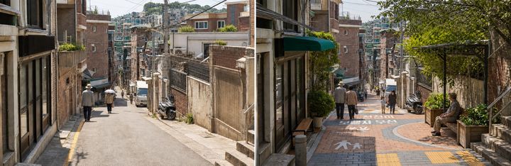 [서울=뉴시스] 서울시가 공개한 그늘쉼터 조성 전(왼쪽)·후 이미지. (사진=서울시 제공) 2026.09.21. photo@newsis.com *재판매 및 DB 금지