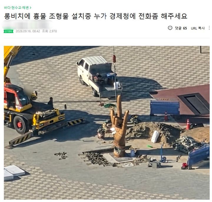 [인천=뉴시스] 김가영 인턴기자 = 인천 송도국제도시 북단 롱비치파크 해안가에 설치된 손 조형물을 두고 논란이 일었다. (사진=네이버 카페 캡쳐) *재판매 및 DB 금지