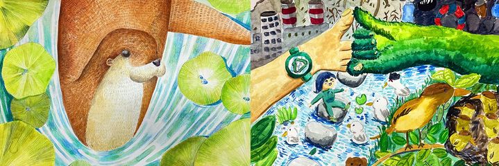 [대전=뉴시스] 대전봉명중 이지우 학생의 '깨끗한 금강에서 살고 싶어'(왼쪽)와 나성초 안홍주 학생의 '자연과의 약속'. (사진=금강유역환경청 제공) 2026.09.21. photo@newsis.com *재판매 및 DB 금지